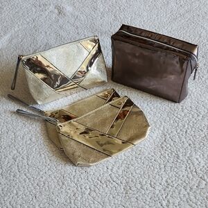 ESTEE LAUNDER Gold Wristlets and LANCOME Bronze Cosmetic Bag 4 piece BUNDLE NWOT